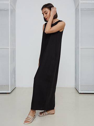 Платье льняное без рукавов (XL, Черный)