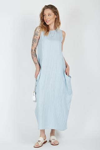Платье льняное с карманами (XL, Голубой)