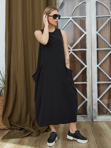 Платье без рукавов с карманами (XL, Черный)